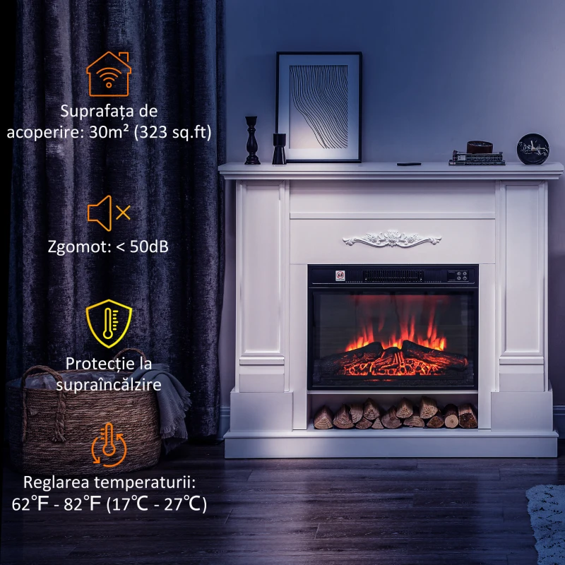 HOMCOM Șemineu Electric cu Flacără 3D, Oprire Automată, Încălzire Reglabilă și Temporizator, 96,5x22x81,7 cm, Alb