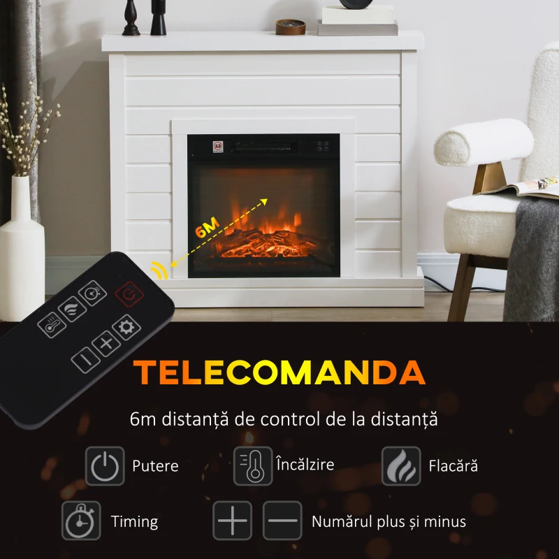 HOMCOM Șemineu Electric cu Efect de Flacără 3D, Oprire Automată, Încălzire Reglabilă și  Temporizator, 96,5x22x81,7 cm, Alb