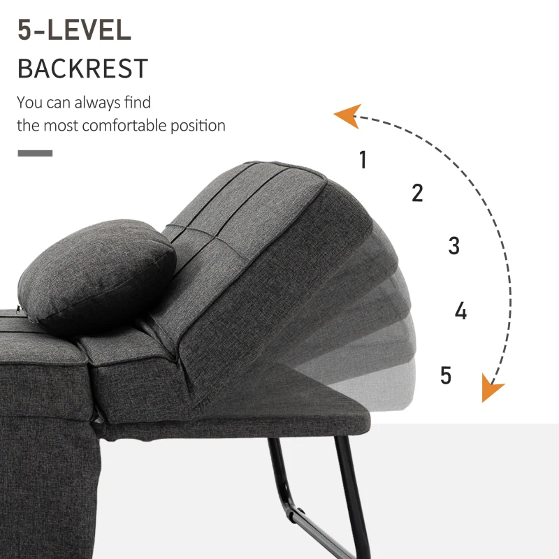 HOMCOM Canapea extensibilă de o persoană 3 în 1 cu Spătar Reglabil pe 5 Nivele și Pernă Suplimentară, 95x179x78 cm, Gri(m-5)