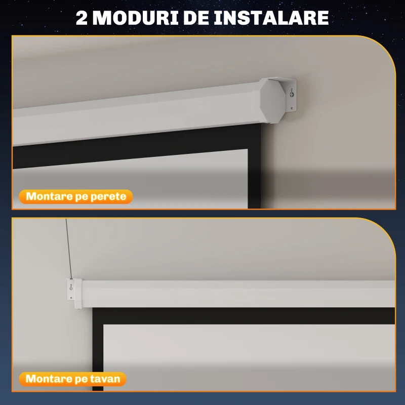 HOMCOM Ecran de Proiecție 84 Inch Format 4:3, Ecran Rulabil cu Unghi de 160° și Montare pe Tavan sau Perete, 181x8x138 cm, Alb