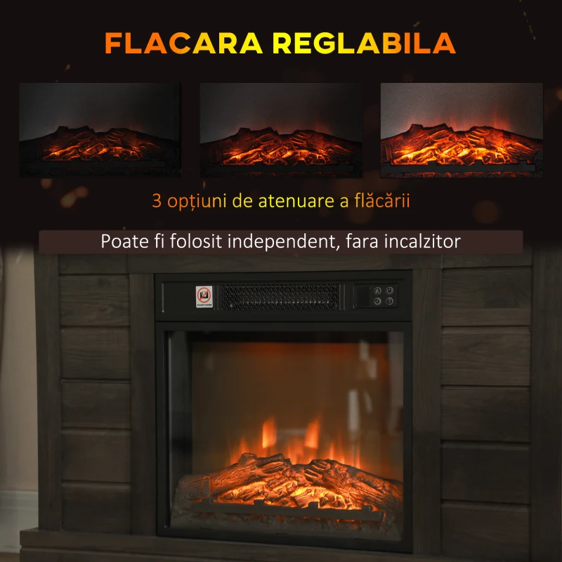 HOMCOM Șemineu Electric cu Flacără 3D, Oprire Automată, Încălzire Reglabilă și Temporizator, 96,5x22x81,7 cm, Maro