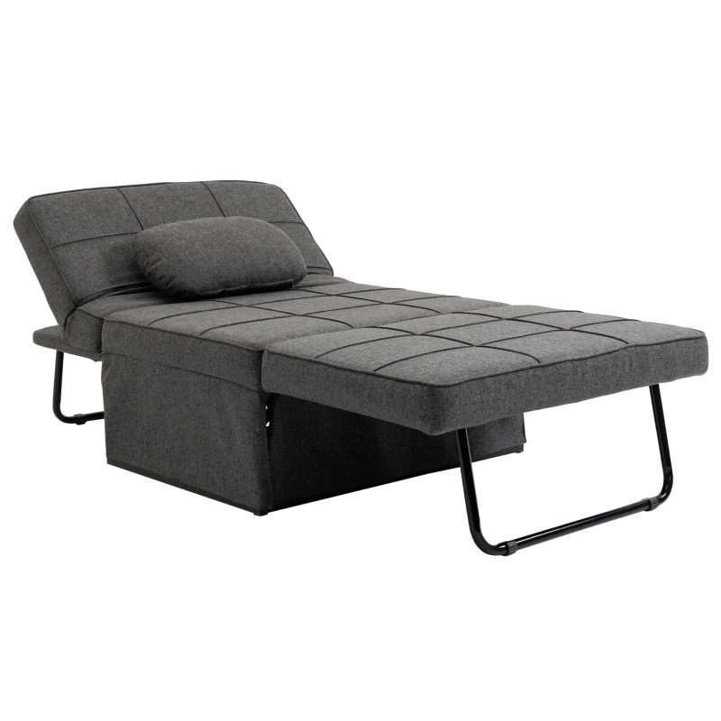 HOMCOM Canapea extensibilă de o persoană 3 în 1 cu Spătar Reglabil pe 5 Nivele și Pernă Suplimentară, 95x179x78 cm, Gri(m-10)