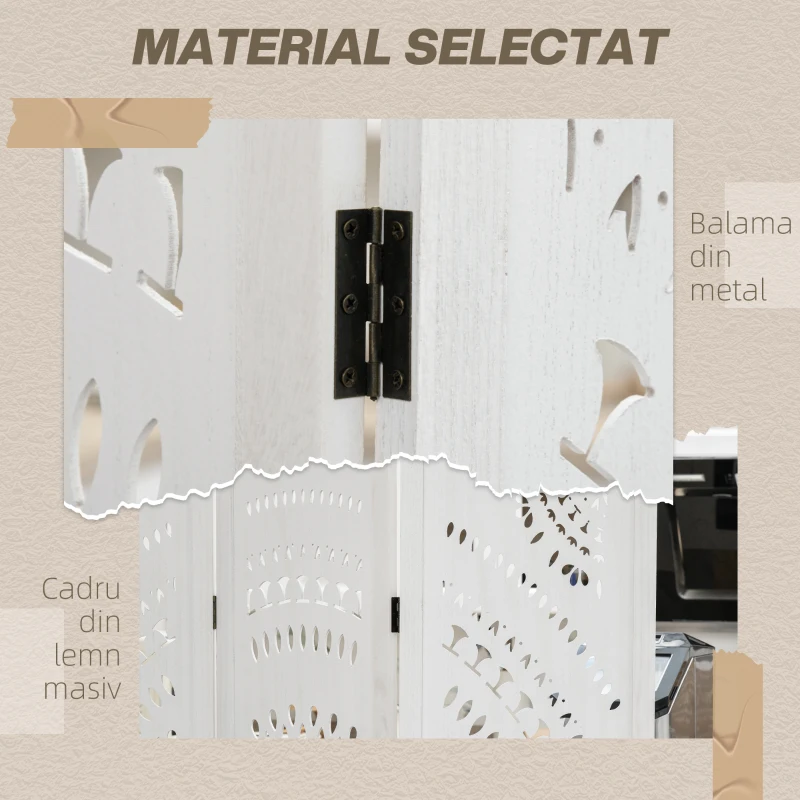 HOMCOM Paravan Interior cu 3 Panouri, Separator Pliabil de Interior, din Lemn Cioplit, 120x170 cm, Alb