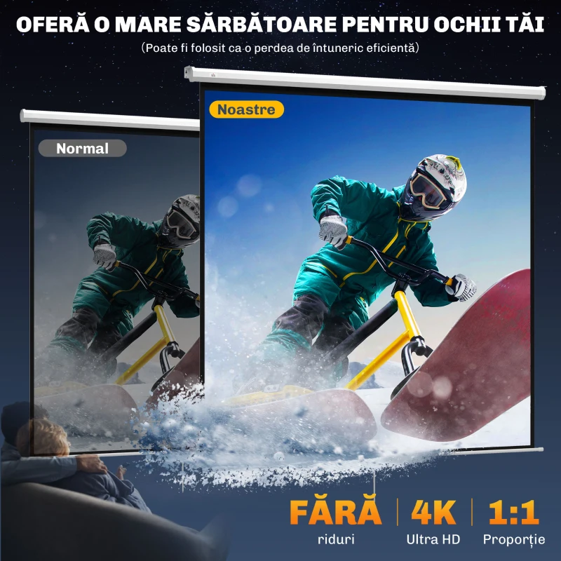 HOMCOM Ecran de Proiecție 120 Inch Format 1:1, Ecran Rulabil cu Unghi de 160° și Montare pe Tavan sau Perete, 223x8x223 cm, Alb