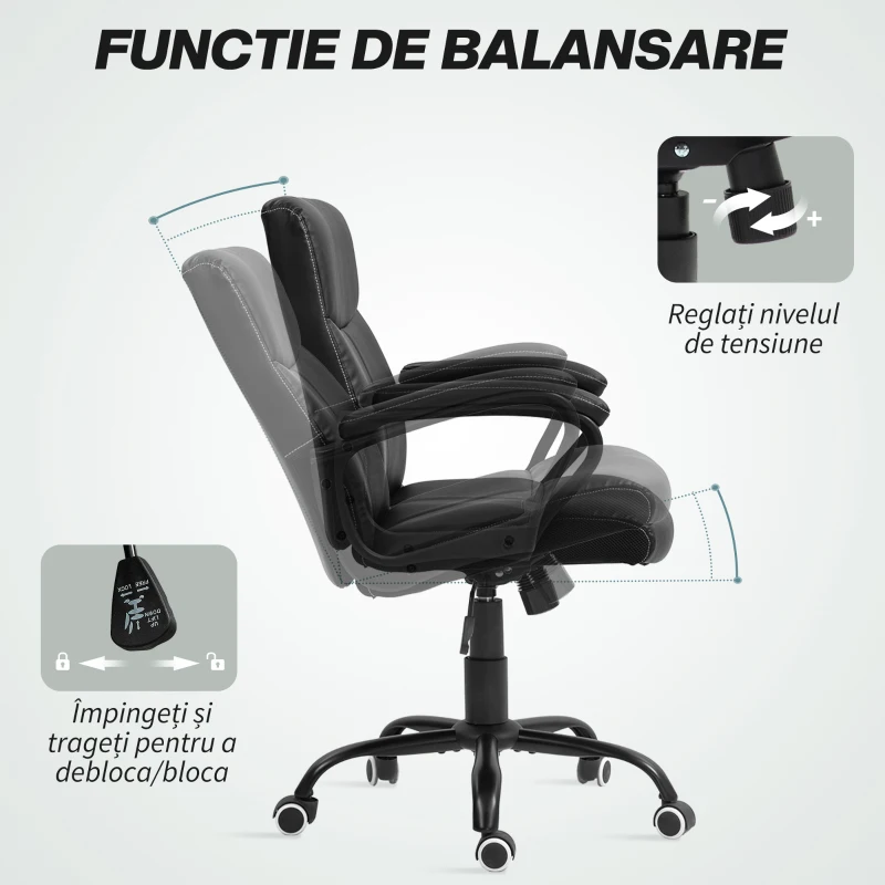 HOMCOM Scaun Ergonomic de Birou cu Funcție de Înclinare și Înălțime Reglabilă, 61x62x95-105 cm, Negru