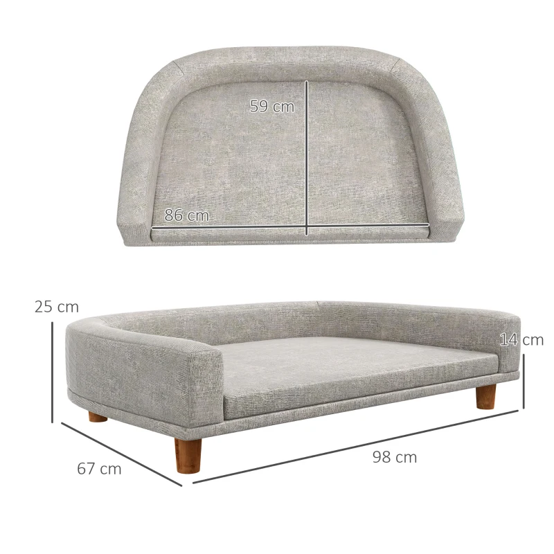 PawHut Hondensofa voor Grote Honden tot 30 kg, Gepolsterd, met Grenenhouten Poten, 98 x 67 x 25 cm, Grijs(m-3)