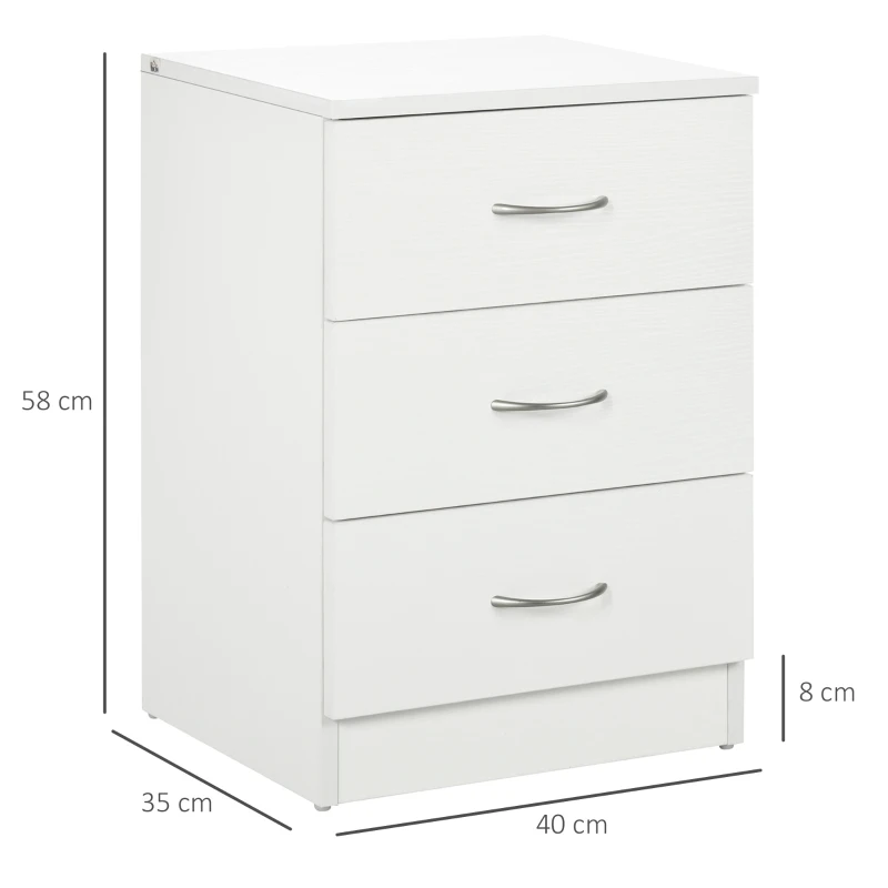 HOMCOM Mesa de Cabeceira Moderna Mesa de Cabeceira com 3 Gavetas e Puxadores de Alumínio para Dormitório 40x35x58 cm Branco