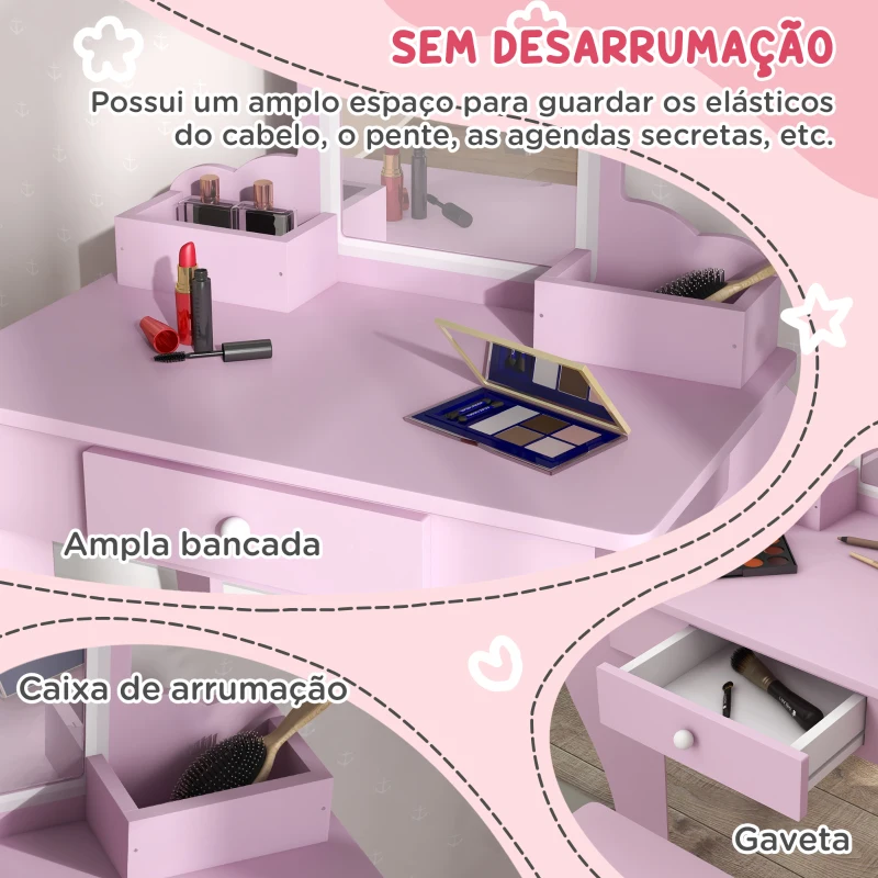 ZONEKIZ Toucador Infantil para Meninas e Meninos Toucador de Maquilhagem com Banco Espelho Gaveta e Caixas de Arrumação Rosa