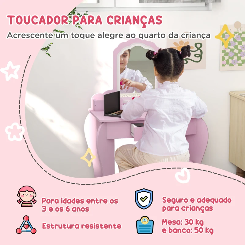 ZONEKIZ Toucador Infantil para Meninas e Meninos Toucador de Maquilhagem com Banco Espelho Gaveta e Caixas de Arrumação Rosa