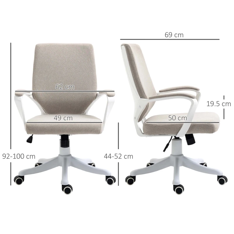 Vinsetto Scaun Birou Ergonomic cu Înălțime Reglabilă, Pivotant la 360° și Legănare, 62x69x92-100 cm, Bej