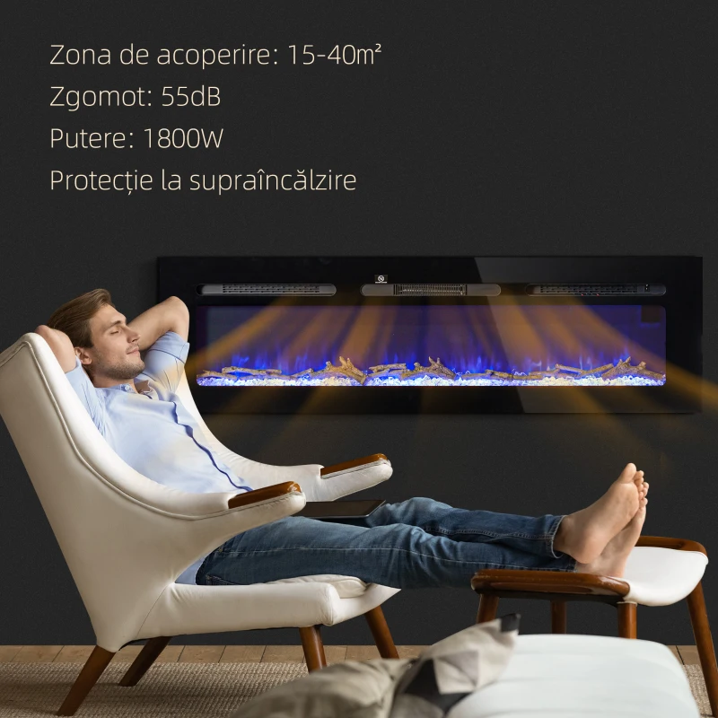 HOMCOM Șemineu Electric Încorporabil cu Telecomandă, Flacără Reglabilă, Temporizator și Termostat, 152,4x15,8x45 cm, Negru