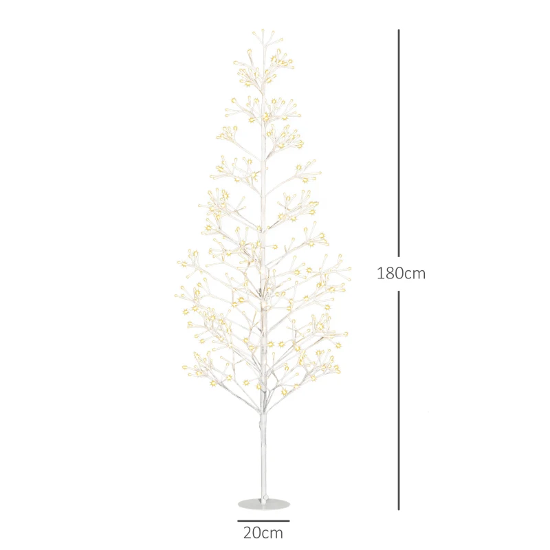 HOMCOM Brad Artificial de Crăciun cu 384 Lumini LED Albe și Crengi Pliabile din PP și Oțel, Ø20x180 cm, Alb