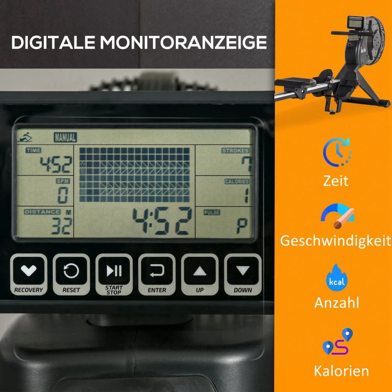 HOMCOM Roeimachine met 16 weerstandsniveaus inklapbaar op wieltjes 225 x 55 x 88cm Staal Zwart