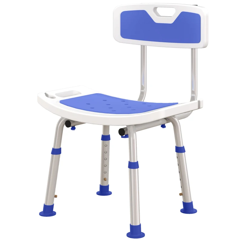 HOMCOM Shower Stool with Backrest, Height Adjustable Shower Chair with Anti-slip Foot Pads, Shower Head Holder, Blue