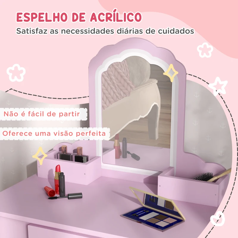 ZONEKIZ Toucador Infantil para Meninas e Meninos Toucador de Maquilhagem com Banco Espelho Gaveta e Caixas de Arrumação Rosa