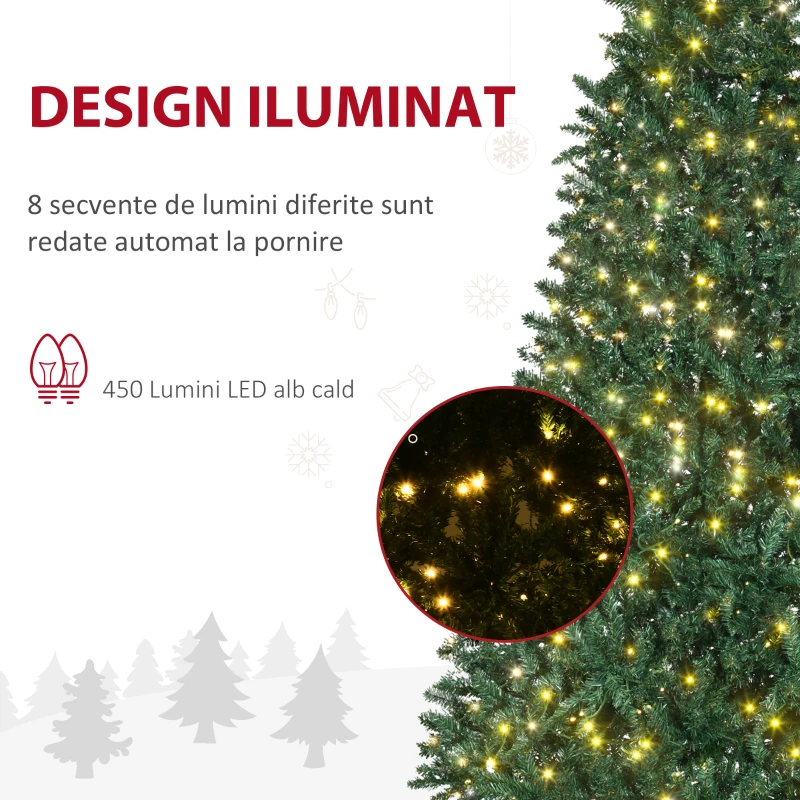 HOMCOM HOMCM Brad de Craciun Artificial 225 cm cu 450 de Lumini LED 1146 Ramuri Baza Metal