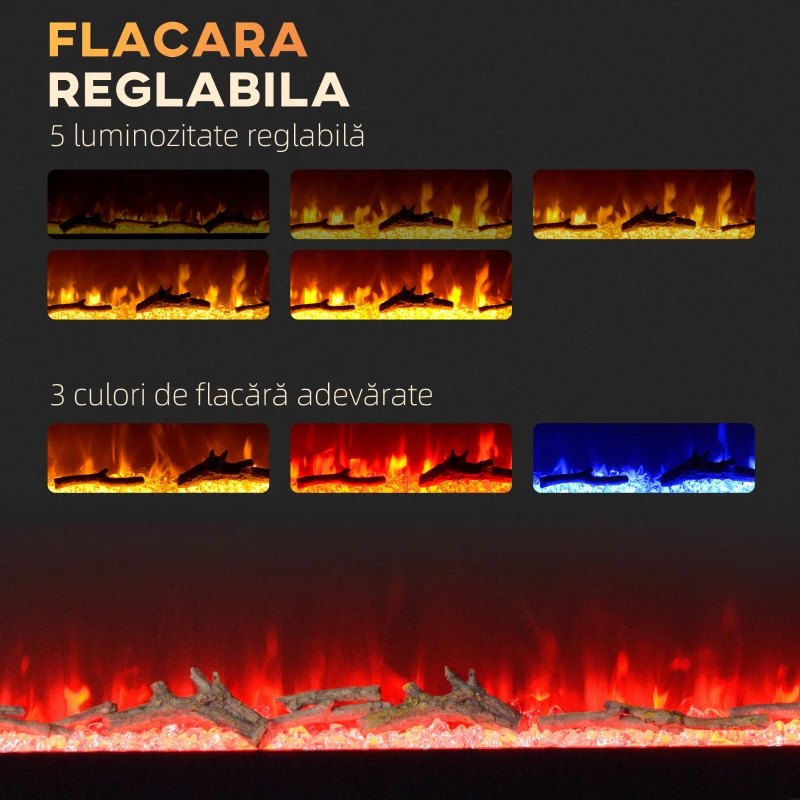 HOMCOM Șemineu Electric Încorporabil cu Telecomandă, Flacără Reglabilă, Temporizator și Termostat, 152,4x15,8x45 cm, Negru