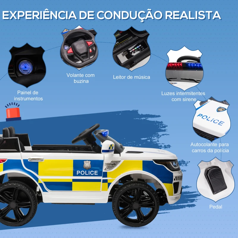 HOMCOM Carro Elétrico para Crianças Carro Elétrico Infantil de Policia 12V com Bluetooth USB Luz Sirene 110x68x52 cm  Branco