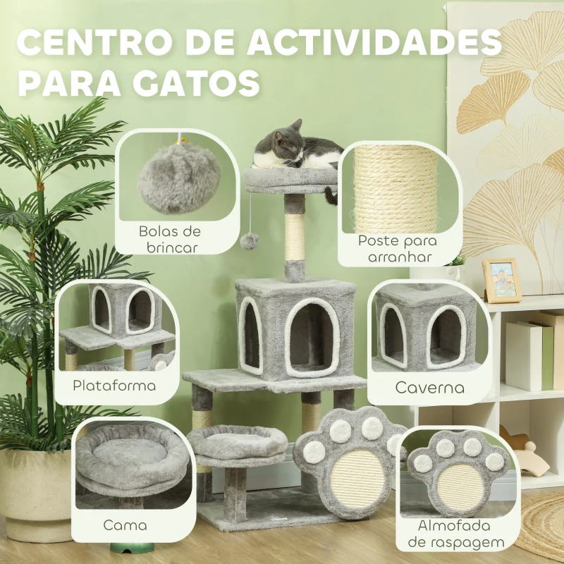 PawHut Arranhador para Gatos Torre para Gatos com Ninho Caverna Plataforma Arranhador Bola Suspensa 48x40x110 cm Cinza Claro