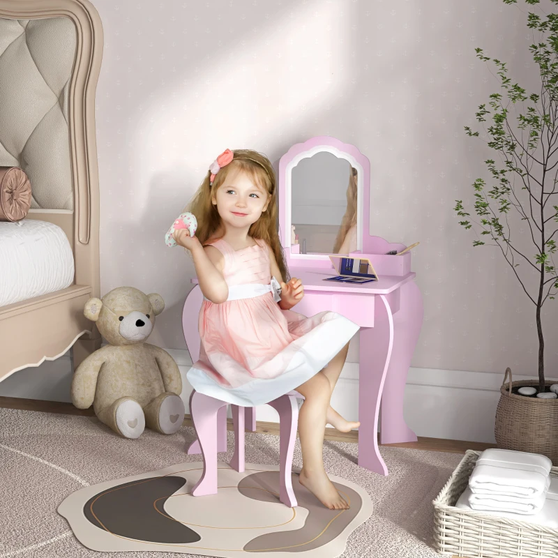 ZONEKIZ Toucador Infantil para Meninas e Meninos Toucador de Maquilhagem com Banco Espelho Gaveta e Caixas de Arrumação Rosa