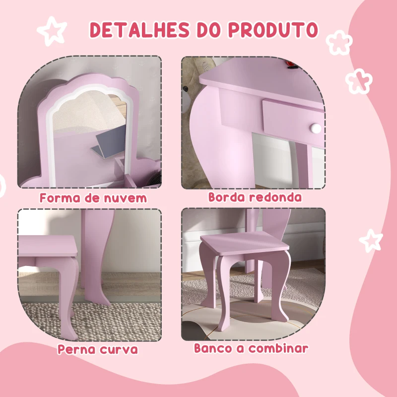 ZONEKIZ Toucador Infantil para Meninas e Meninos Toucador de Maquilhagem com Banco Espelho Gaveta e Caixas de Arrumação Rosa