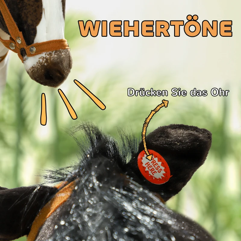 AIYAPLAY Schommelpaard met Geluidseffecten, Zacht Vacht, Voor 3-8 Jaar, 85 x 28 x 60 cm, Bruin/Cremewit