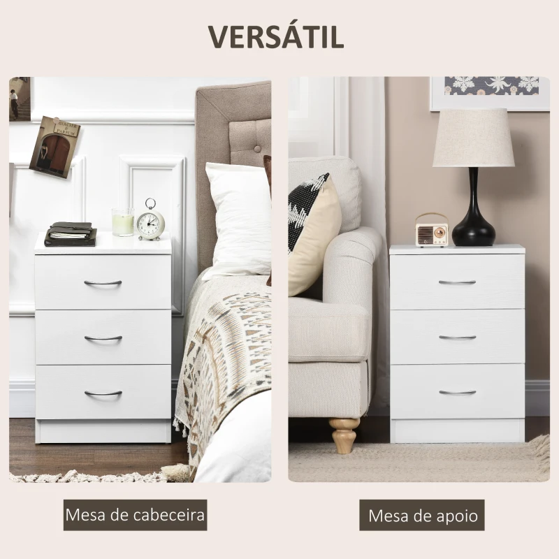 HOMCOM Mesa de Cabeceira Moderna Mesa de Cabeceira com 3 Gavetas e Puxadores de Alumínio para Dormitório 40x35x58 cm Branco