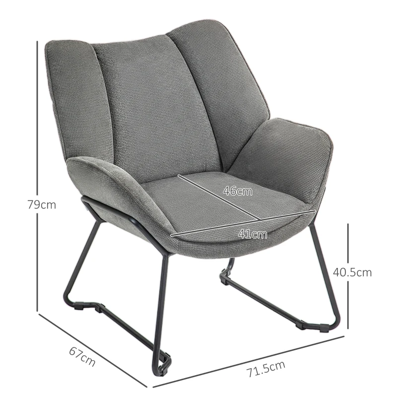 HOMCOM Fotoliu Tapițat cu Brațe Înclinate, Fotoliu din Material Textil Aspect de In și Oțel, 71,5x67x79 cm, Gri