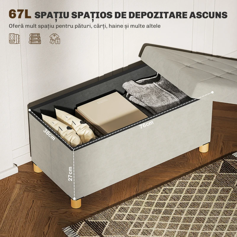 HOMCOM Bancă Ladă de Depozitare Pliabilă, Bancă de Pat cu Capac Căptușit și Înveliș de Catifea, 76x38x38 cm, Crem Alb(m-4)