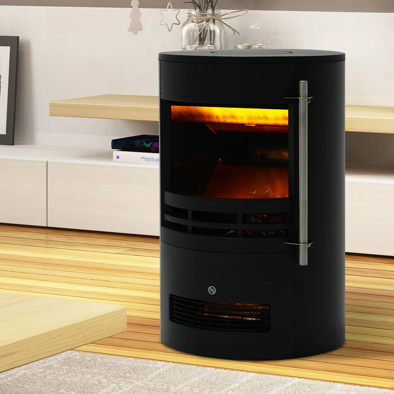 HOMCOM Șemineu Electric de Sol, Șemineu Rotund cu Putere de 900W/2000W și Efect de Flacără, 41x41x64,5 cm, Negru