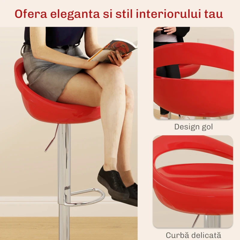 HOMCOM Set 2 Scaune de Bar Rotative cu Suport pentru Picioare și Înălțime Reglabilă, 46x41x76-96 cm, Roșu