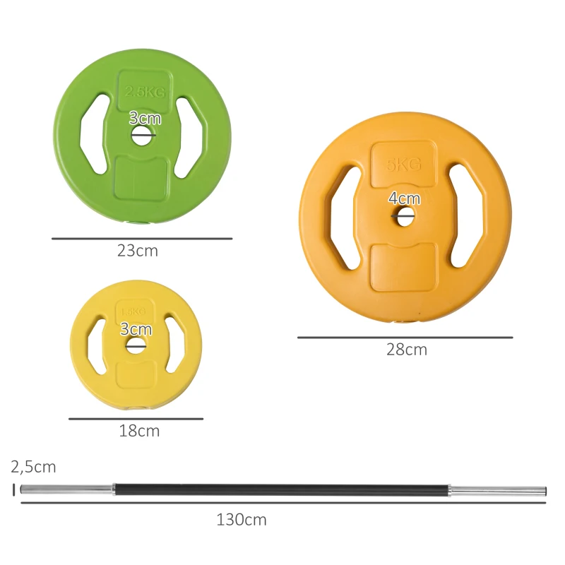 HOMCOM Conjunto de Barra de Pesos Conjunto de Musculação com 6 Discos 1,5kg 2,5kg 5 kg Intercambiáveis 130x28x28 cm Multicor