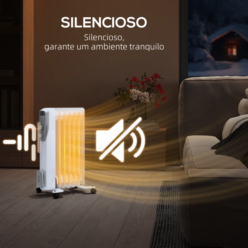 HOMCOM Aquecedor a Óleo Silencioso 1500W Aquecedor Elétrico Baixo Consumo com Rodas Temperatura Ajustável para 20 m² 29x40x62 cm Branco