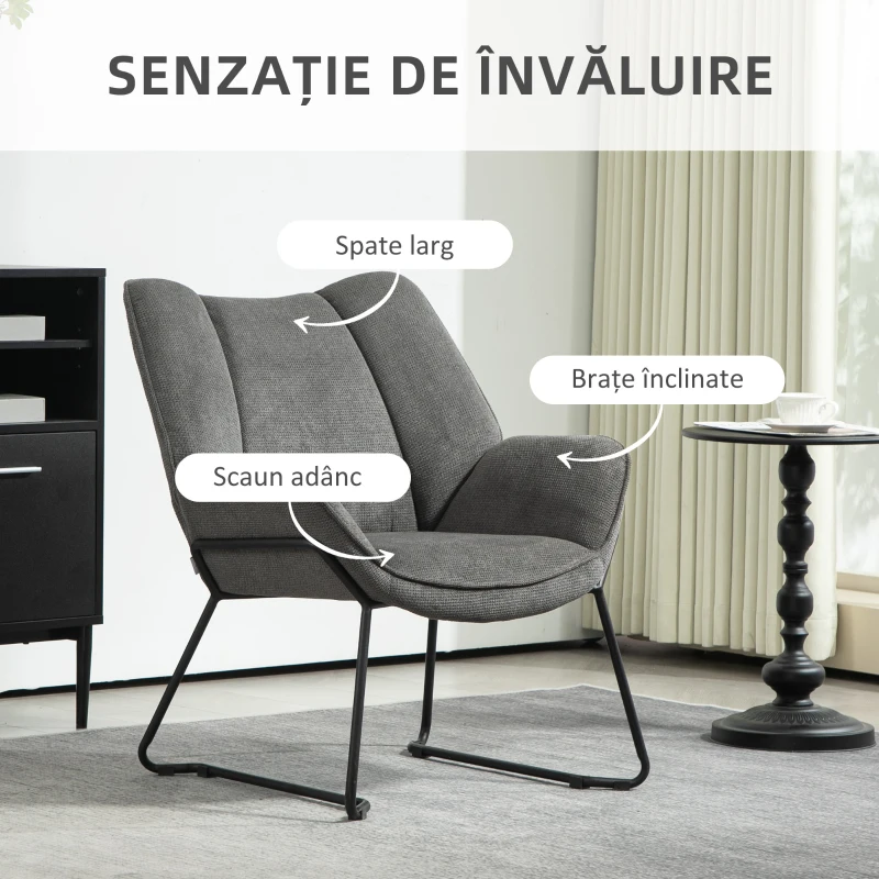 HOMCOM Fotoliu Tapițat cu Brațe Înclinate, Fotoliu din Material Textil Aspect de In și Oțel, 71,5x67x79 cm, Gri
