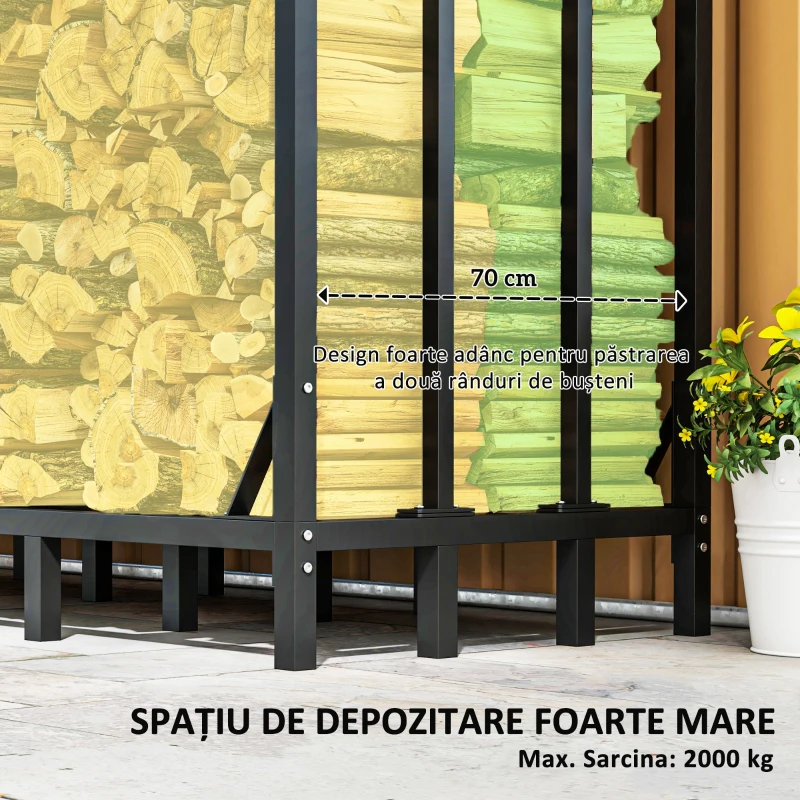 Outsunny Suport pentru Lemne de Exterior cu Acoperire, Suport Metalic Ranforsat pentru Lemne, 185x90x185 cm, Negru