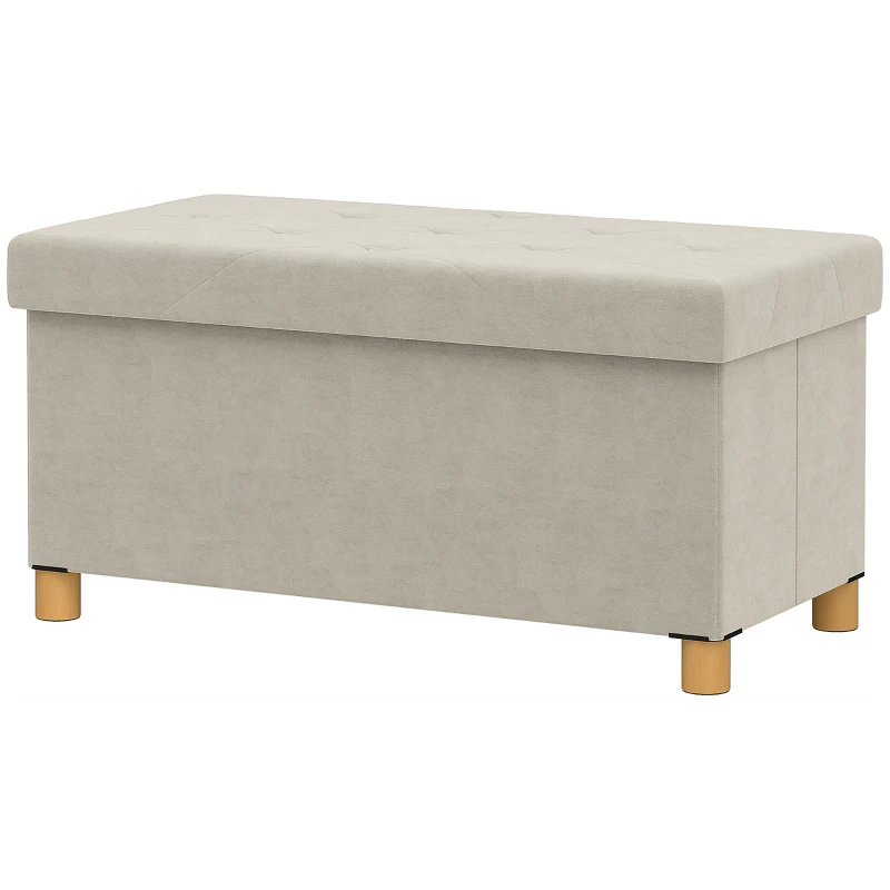HOMCOM Bancă Ladă de Depozitare Pliabilă, Bancă de Pat cu Capac Căptușit și Înveliș de Catifea, 76x38x38 cm, Crem Alb(m-10)