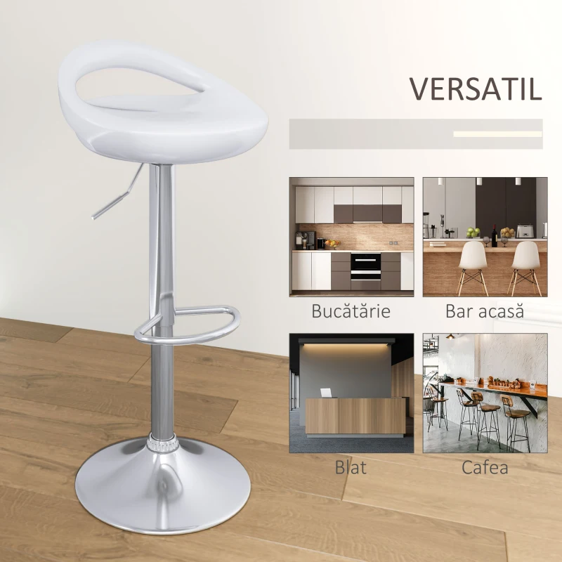 HOMCOM Set 2 Scaune de Bar Rotative cu Suport pentru Picioare și Înălțime Reglabilă, 46x41x76-96 cm, Alb