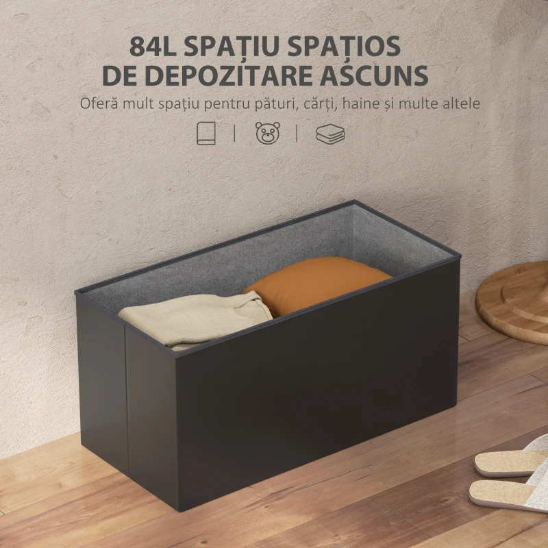 HOMCOM Bancă Cutie de Depozitare Pliabilă, Bancă Taburet cu Capac și Înveliș din Piele Ecologică, 76x38x38 cm, Negru