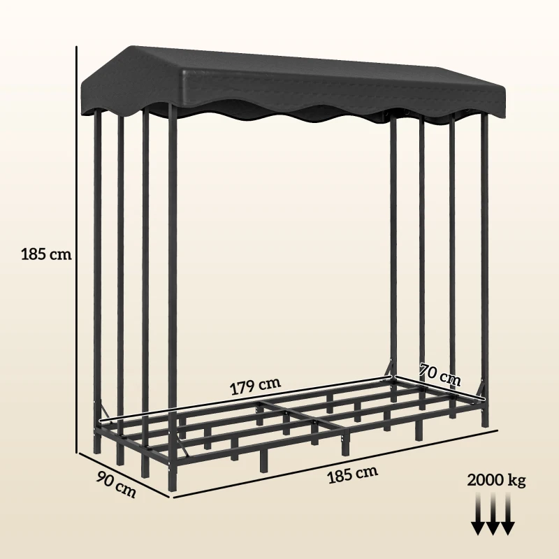 Outsunny Suport pentru Lemne de Exterior cu Acoperire, Suport Metalic Ranforsat pentru Lemne, 185x90x185 cm, Negru