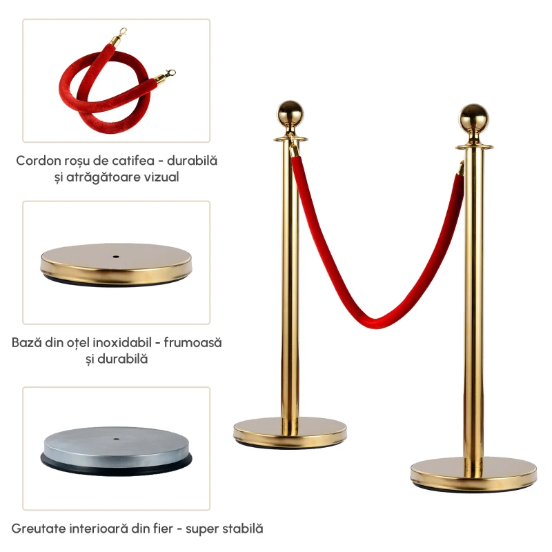 Homcom Coloane Separatoare – Otel Inox Auriu cu Franghie Rosie