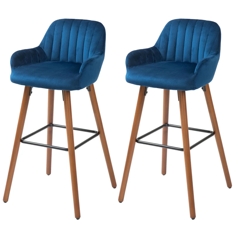 HOMCOM Set 2 Scaune din Catifea, Scaune de Bucătărie cu Spătar, Brațe și Suport pentru Picioare, 48x51x98 cm, Albastru
