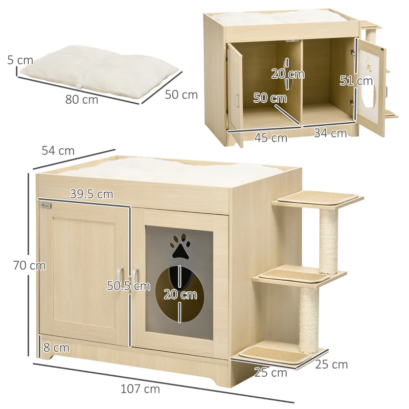 PawHut Dulap pentru Litieră cu 2 Uși, Spațiu de Depozitare și Țepi pentru Zgârâiat, 107x54x70 cm, Lemna Natural