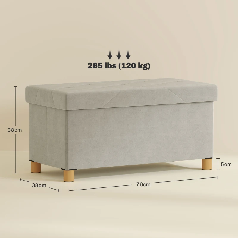 HOMCOM Bancă Ladă de Depozitare Pliabilă, Bancă de Pat cu Capac Căptușit și Înveliș de Catifea, 76x38x38 cm, Crem Alb(m-3)