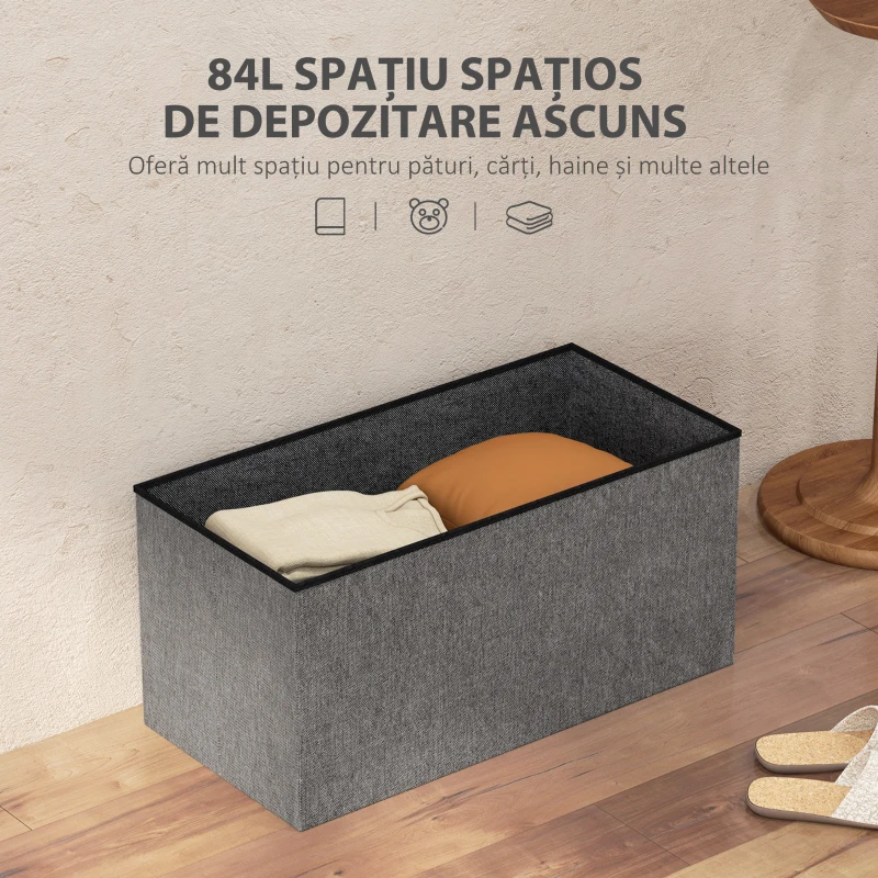 HOMCOM Bancă Cutie de Depozitare Pliabilă de 84L, Bancă de Pat cu Capac și Înveliș Textil, 76x38x38 cm, Gri Închis