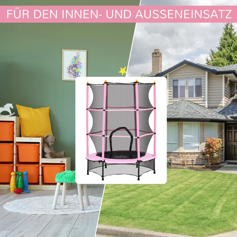 HOMCOM Trampoline voor Kinderen, Ø140 cm, met Veiligheidsnet, Binnen en Buiten, Staal, Kunststof, Tot 50 kg, Roze