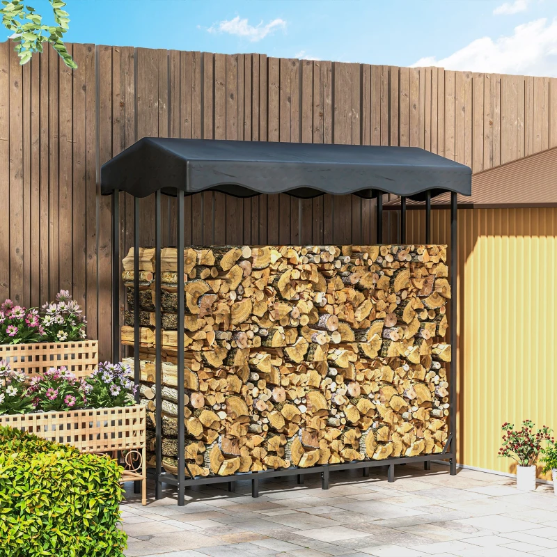 Outsunny Suport pentru Lemne de Exterior cu Acoperire, Suport Metalic Ranforsat pentru Lemne, 185x90x185 cm, Negru