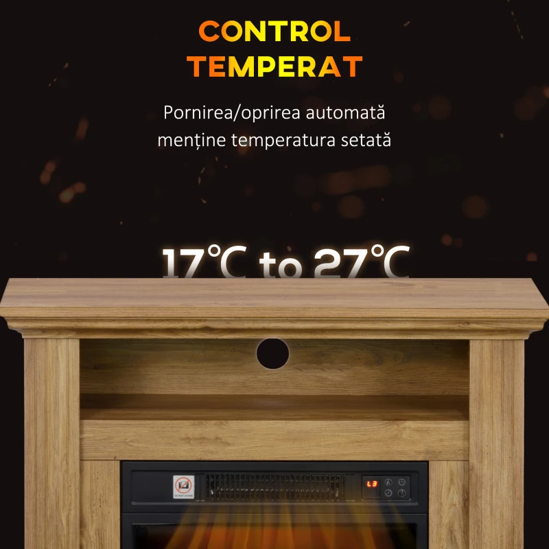 HOMCOM Șemineu Electric cu Efect de Flăcări 3D și Raft, Șemineu Electric cu Oprire Automată, 81,5x30x76,2 cm, Maro