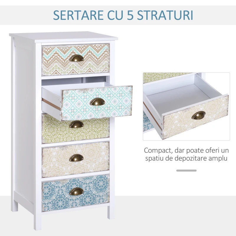 HOMCOM Comoda Dulapior Vintage cu 5 Sertare Fantezie, 46x34x97.5cm