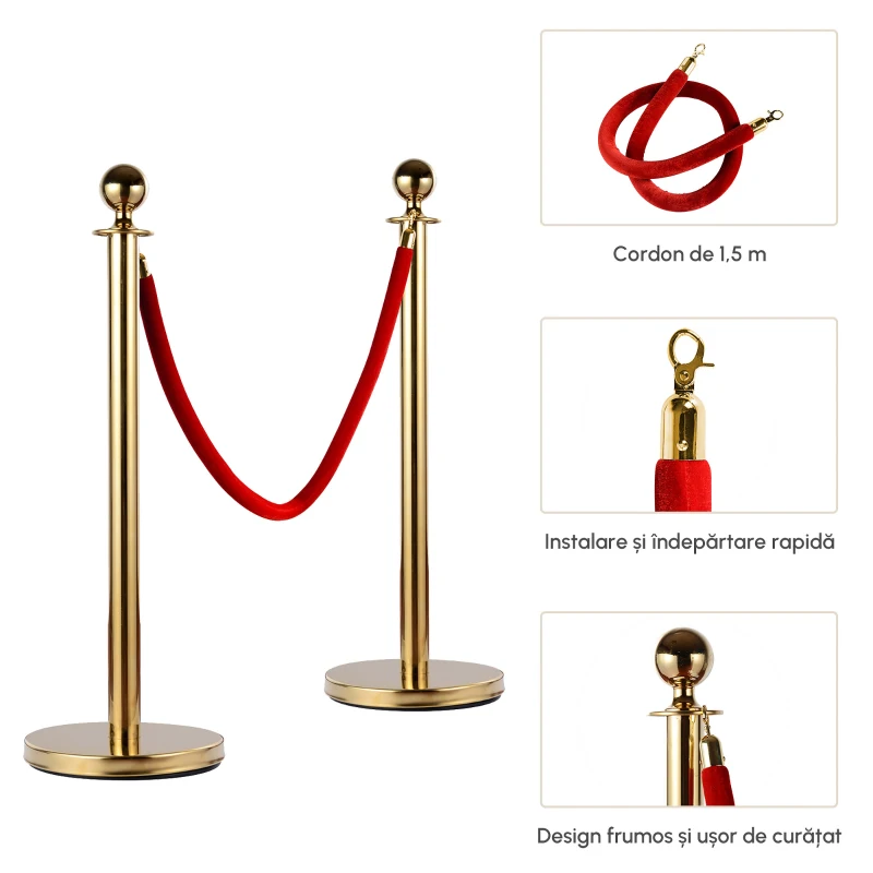 Homcom Coloane Separatoare – Otel Inox Auriu cu Franghie Rosie