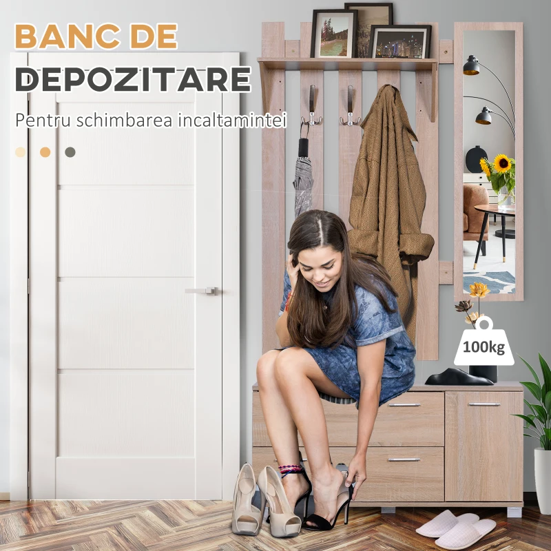 Homcom Set Hol 3 Piese – Dulap Pantofi, Cuier cu Oglinda, Design Lemn(m-6)